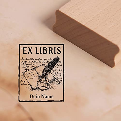Ex Libris Stämpel med namn – brev, bläckhorn och gammal skrift – Exlibris bok motivstämpel trästämpel 38 x 48 mm