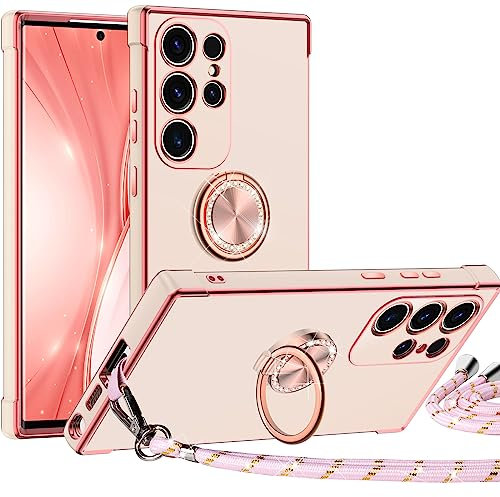 Silverback für Samsung Galaxy S22 Ultra Hülle mit Band, [Miss Arts] Ring Ständer Handyhülle Handykette Frauen Mädchen Dünn Stoßfeste Schutzhülle für Samsung Galaxy S22 Ultra Case Rosa