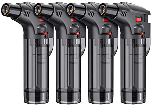 Torch Lighters, 4 Pack, Butane Refillable Jet Flame Torch Lighter, Windproof, Safe, Multi Utility Lighter for Candles, Fireplaces, Campfires, Grill (Without Butane)
