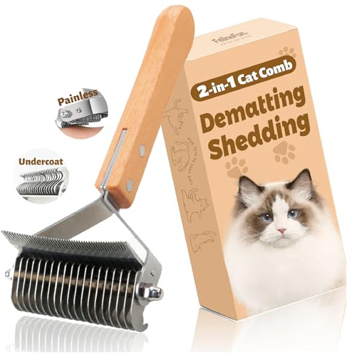 FelineFun Cat Brush for Dematting & Deshedding, 2 in 1 Undercoat Rake, Efficiently Remove Loose Hair & Matted Fur, Professional Shedding Comb for Indoor Cats & Long Haired Cats