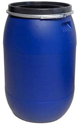 plasteo® Barril de boca ancha de 220 litros con tapa y anillo tensor, apto para alimentos y sin BPA, barril de plástico con tapa, barril de lluvia, barril de almacenamiento de chucrutfas, apilable y