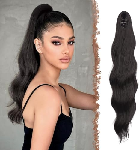 FESHFEN Coleta Postiza con Pinza Larga Ondulada Extensión Cola de Caballo Marrón Oscuro Sintéticas Coleta Extensiones de Cabello para Mujeres 50 cm