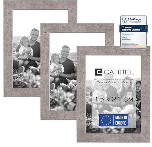 CABBEL 3er Set Bilderrahmen DIN A5 15x21 cm MDF Holz-Rahmen mit bruchsicherem Acrylglas in Grau/Beton