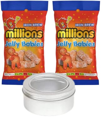Millions Iron Brew Jelly Babies 2 x 150g Bags and TinTastic Refillable Silver on-the-Go Travel Tin