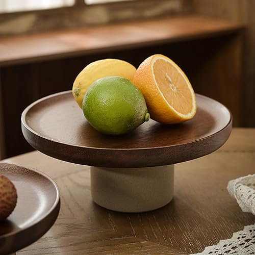 DADEA Retro-Holzschale mit Sockel aus Keramik, Langlebige Schale mit Exquisitem Fuß, Schöne Dekorative Mehrzweckschalen, Vielseitig Einsetzbare Dekorative Obstschale für das(Small 25cm / 9.8in)