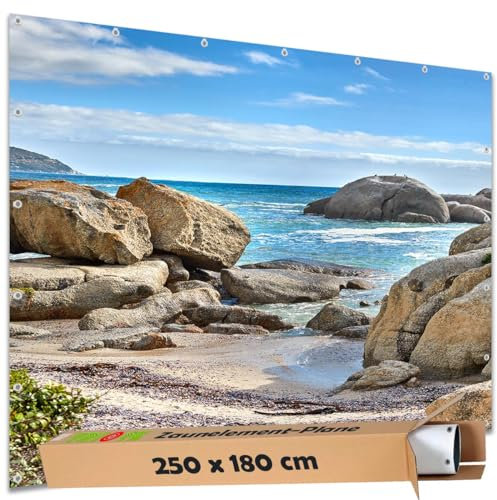TRIOSK Sichtschutz Garten Deko Zaun Plane Blickdicht groß mit Zaunblende Motiv Felsen Bucht Südafrika Ozean für Zaunelement Doppelstabmatten Stabmattenzaun Gartenzaun PVC 250x180 cm