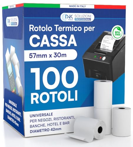 DNK TRADE, 100 Rotoli termici di alta qualità 57x30 metri, per Registratori di Cassa, Carta Termica Omologata, Compatibili con Nexi, Axerve e Ingenico. (100)