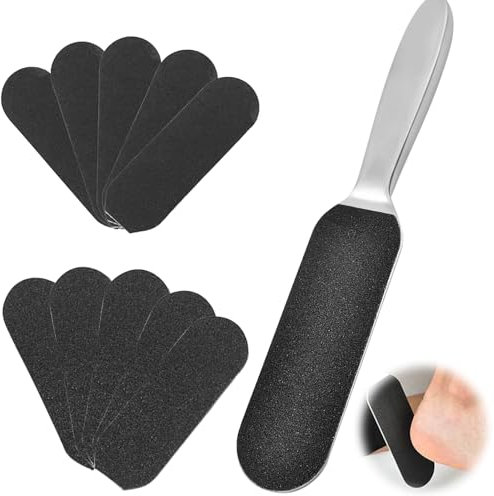 Double-Sided Pedicure Foot File & Callus Remover for Hard Skin, Professional Stainless Steel Foot Rasp File with 10 Replacement Refill Grits Papers, Foot Files for Hard Skin for Home Pedicure