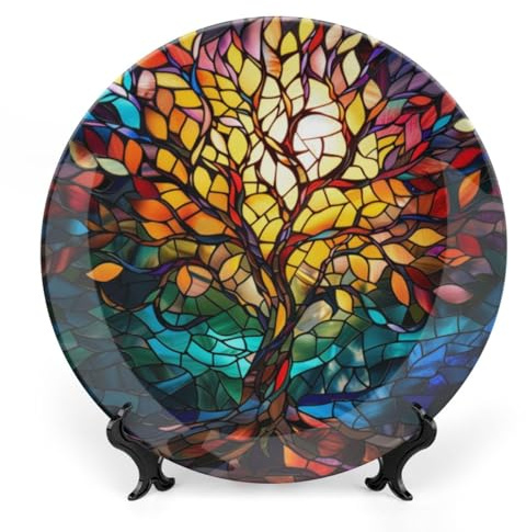 Fanjanmey Stained Glass Theme Decorative Ceramic Plate Round Porcelain Plate,6 inch,Tree of Life Pattern,for Decorative Ornaments Giving Plates, 1 Plate with 1 Display Stand,Multicolor