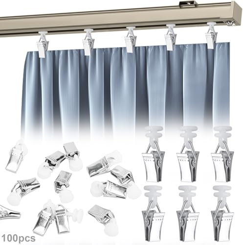 100 Stück Gardinenklammern für Schienen, Vorhang Clips, Gardinen Clips, Vorhang Klammern mit Rollen Gardinenröllchen mit Klammer Gardinenhaken Gleiter Set für Vorhänge Türvorhänge Duschvorhänge