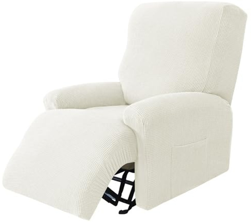 Hearda Sesselschoner für Relaxsessel, Plüsch-Jacquard Stretch Sesselschoner, 4-Teilig Relaxsessel Bezüge, rutschfest Recliner Cover, Waschbar Sesselbezug mit Taschen (Weiß)