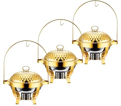 AIZYR 3Er Pack Chafing Dish Buffet-Set Aus Edelstahl Buffet Servier Und Wärmer Set, Speisenwärmer Mit Hängedeckel Hot Pot Alkoholkocher Für Restaurantpartys,Gold