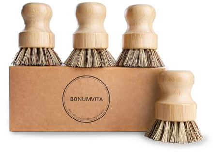 BONUMVITA Bamboo Dish Brush Set,4 Pack Kitchen Palm Pot Brush with Union Fiber, Natural Dish Scrub Brush for Cleaning Pots,Pans,Sinks,Woks,Vegetables