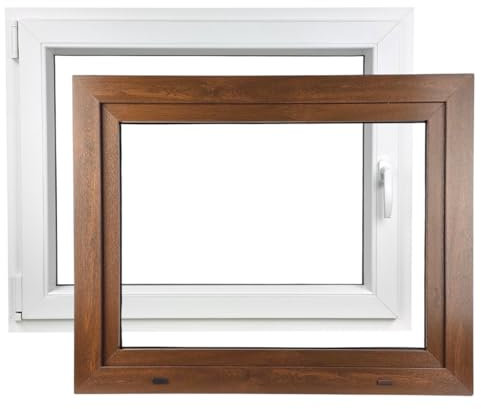 ALUCON Fenster 800x600 mm – Kunststofffenster 80x60 cm – Flügelfenster Innen Weiß/Außen Nussbaum – DIN Links