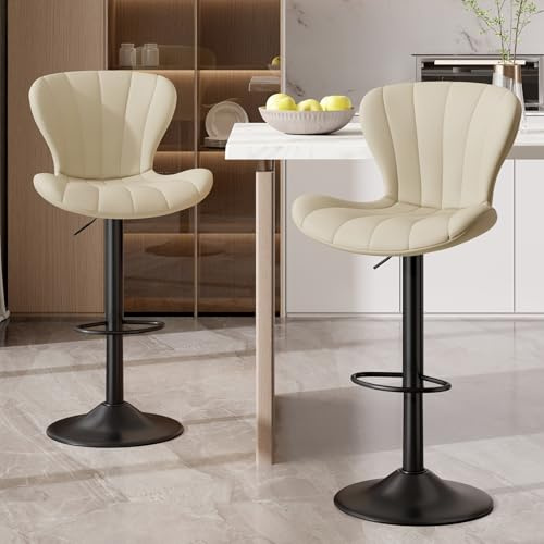 Hawthyhome Bar Stools Set of 2 |Breakfast Ergonomic Wooden Bar Chairs •Height-Adjustable Modern PU Leather •Swivel Barstools with Footrest Backrest •for Kitchen Island, Bar Dining Room •Beige