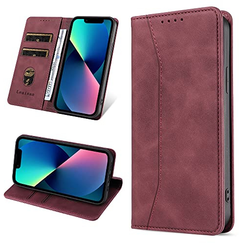 Leaisan Handyhülle für iPhone 13 Hülle Premium Leder Flip Klapphülle Stoßfeste Magnetische [Standfunktion] [Kartenfächern] Schutzhülle für iPhone 13 Tasche - Wein Rot