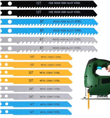 14PCS Universal Jig Saw Blade Set for Wood U-Shank Jig Saw Blade Set Assortment for Wood Plastic and Metal Cutting Jigsaw Blades Fit Vast Majority U Shank Jigsaws, 6T 8T 10T 14T 18T 24T 32T