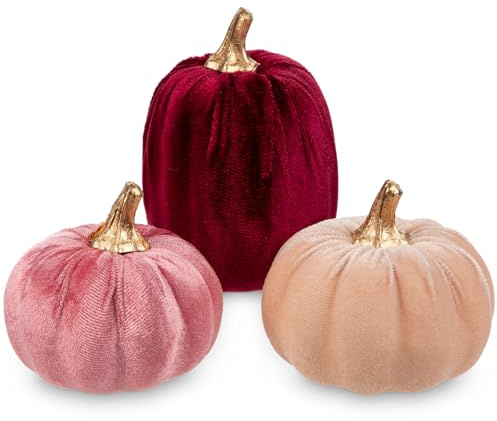 Oairse Calabazas de terciopelo para decoración de otoño, juego de 3 calabazas artificiales en color rosa burdeos y melocotón, decoraciones de otoño para centro de mesa, Halloween, Acción de Gracias