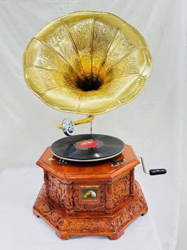 Gramophone vintage réplique de gramophone à l'aspect ancien, base en bois avec sculptures florales, haut-parleur en corne dorée (base sculptée de fleurs, 8 cônes gramophone)