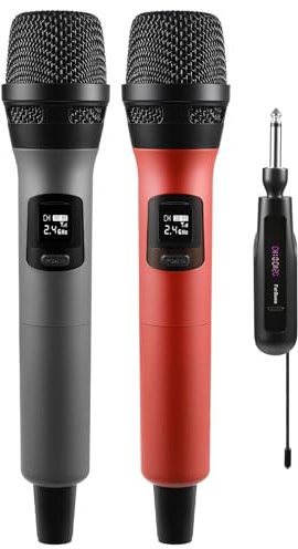 FerBuee Microphone sans Fil Micro à Main Double avec Récepteur Rechargeable, Sortie 1/4”, 1/8 pour Amplificateur, Système de Sonorisation, Karaoké, Église, Réunion, DJ (Gris & Rouge)