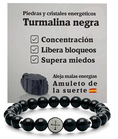 arana's® - Pulsera MEDALLA CRUZ SAN BENITO turmalina negra - Hilo elástico con bolas de 8mm - Pulseras energéticas para mujer y hombre - Amuleto contra las malas energías y mal de ojo (Plata)