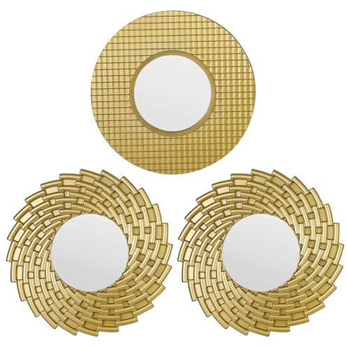 Funerom 24,9 x 24,9 cm Spiegel für die Wand, 3 Stück, kleine runde Spiegel für Wanddekoration (Gold)