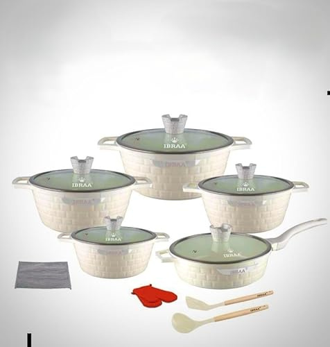 IBRAA 15Pcs Cooking pots/pan, Non-Stick, Induction, Bricks Shape, Inside Granite, semi- Thick Glass lid, Two Gloves, Two Cooking Spoons with a Cleaner,Set of Five Cooking pots and a pan. (Cream)