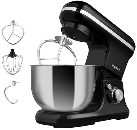 Emperial Stand Mixer | 1200W Food Mixer for Baking with Beater, Dough Hook & Whisk | 5L Stainless Steel Bowl | 6 Speed Electric Kitchen Mixer with Removable Splash Guard (Black)