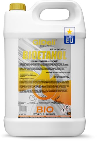 GiDeli Bioethanol 96,6% Geruchlos 5L - Ethanol für Tischkamin, Kamin Indoor & Outdoor - Rauchfrei und Rußfrei - Aus Mais & Zuckerrüben
