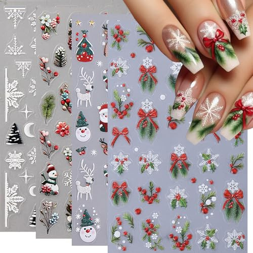 Nagelsticker Weihnachten 3D Winter Nagelaufkleber Selbstklebend Weihnachts Nail Art Sticker Winter NagelDesign Nagelsticker Weihnachts DIY Maniküre Dekoration(4Blatt)