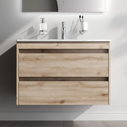 AM.PM Waschbeckenunterschrank Hängend mit Waschbecken, Badmöbel Set für Badezimmer & Gäste-WC, Waschtischunterschrank mit 2 Schubladen, Spike Eiche (81/56 cm)