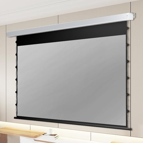 Pantalla de proyector eléctrico de 150 pulgadas, 4K Full HD con sistema de tensión de cable para una superficie plana óptima, montaje en techo/pared