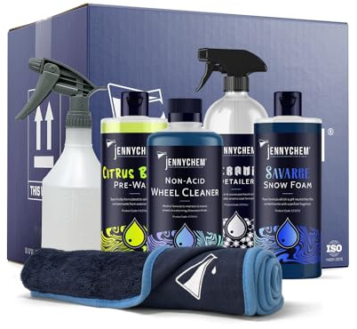 The Sample Set – 4 x 1L Car Cleaning Set with Citrus Pre Wash, Snow Foam, Wheel Cleaner, Ceramic Detailer & Drying Towel | Professional Car Detailing Kit