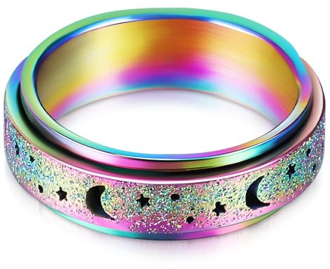 LALADEFIEE Anillo Giratorio de Acero Inoxidable para Mujer con Diseño Luna y Estrella Anillo Fidget Rotativo Antiestrés Banda Cómoda y Resistente para Uso Diario
