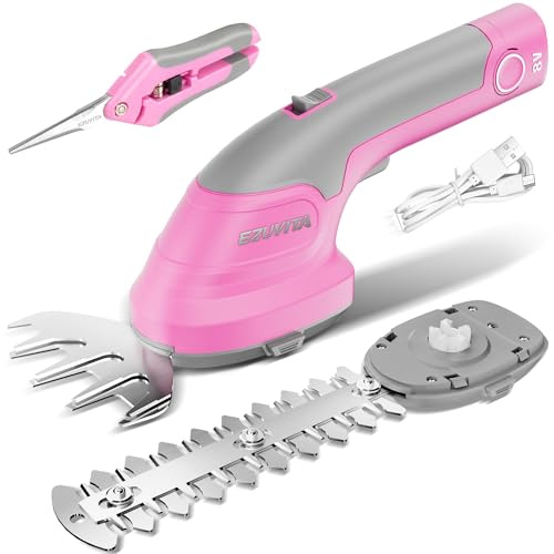 EZUVITA Cisaille à Gazon et Taille-Haie sans Fil 2 en 1, 8V Coupe-Bordure avec Batterie Amovible 2000 mAh, 2 Lames Interchangeables pour Buissons, Arbustes, Branches et Bordures (Rose)