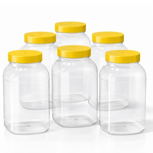Truenova Plastic Storage Jars Set of 6 x 4.5L Extra Large with Screw Top Lids – Food Grade BPA Free for Kitchen Storage & Garage Organisation (Yellow)