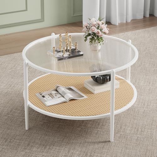 Koioplie Round Couchtisch mit geriffeltem Glas & Rattan, 2 Ebenen, stabiles Weiß Metallgestell, modern Look für Wohnzimmer & Schlafzimmer, platzsparend