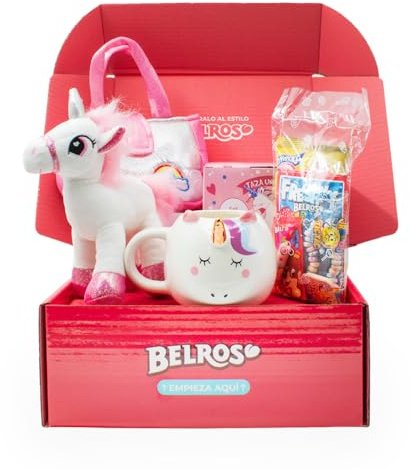 BELROS Pack Regalo Unicornio. Conjunto Bolso Juguete, Peluche y Taza. Idea Regalo Niña Cumpleaños, Celebraciones, Comuniones. Incluye Mix Caramelos. Perfecto para Fiestas