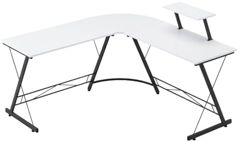 nikcorp L Shaped Corner Desk Computer Desk Office Desk Gaming Desk with Shelf Stable Metal Frame MDF Worktop Large Workspace Home Office Study -white