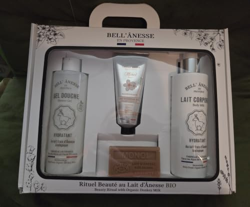 Bell'Ânesse Beauty Ritual Set with Organic Donkey's Milk | Moisturizing Shower Gel, Body Milk, Monoi Hand Cream, Marseille Soap, Made in France