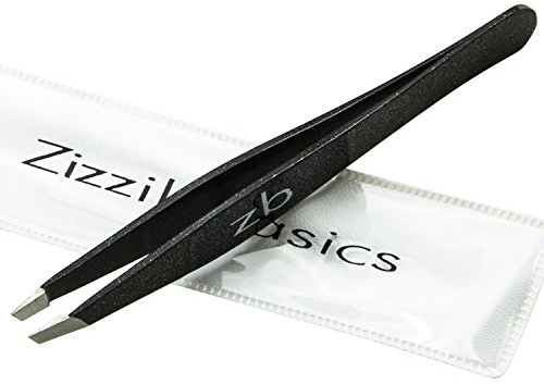 Tweezers – Surgical Grade Stainless Steel - Slant Tip for Expert Eyebrow Shaping and Facial Hair Removal – with Protective Pouch - Best Tweezer for Men and Women (Black)