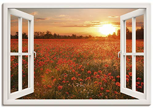 ARTLAND Wanddeko Leinwand Bilder Wandbild 100x70 cm Fensterblick Fenster Natur Botanik Blumen Mohnblumen Sonnenuntergang T5ZO