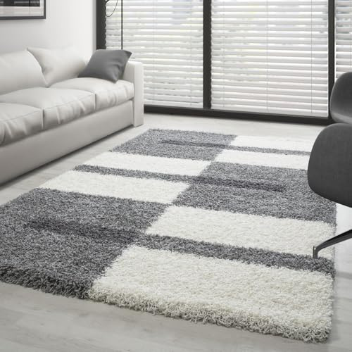 Carpettex Hochflor Teppich Wohnzimmer Shaggy Flokati - Modern Kariert Design 100 x 200 cm Flur Läufer Hellgrau - Bettvorleger Schlafzimmer Weich Flauschig Waschbar Küchenläufer