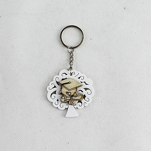 DLM26872 (Kit 12 Pezzi) Portachiavi Ciondolo Albero della Vita in Legno Pergamena Cappello Laurea bomboniera