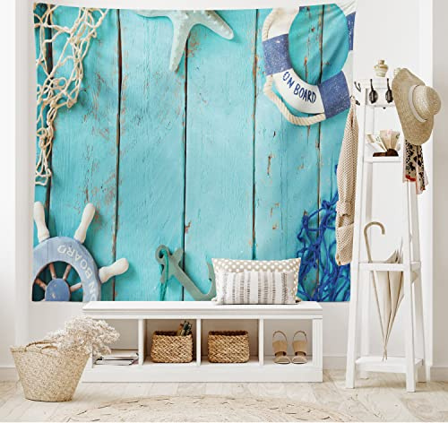 ABAKUHAUS Nautisch Wandteppich und Tagesdecke, Nautical Ozean-Landschaft aus Weiches Mikrofaser Stoff Waschbar ohne Verblassen Digitaldruck, 230 x 140 cm,Türkis Marineblau