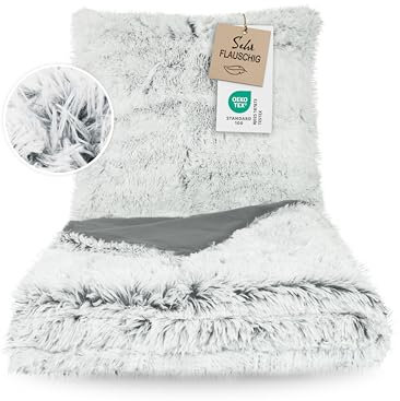 ZOLLNER Kuschelige Bettwäsche, bestehend aus Kissenbezug und Deckenbezug - 80x80 cm + 135x200cm - waschbar bis 30°C – weißes Fellimitat auf grauem Fleece - Oeko Tex® Zertifiziert