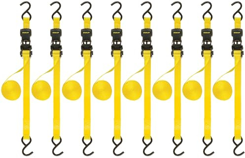 Stanley S1000 Spännband med spärr, transport av lätt last, 680 kg brottstyrka, 2,5 cm x 3 m, svart/gul, 8-pack