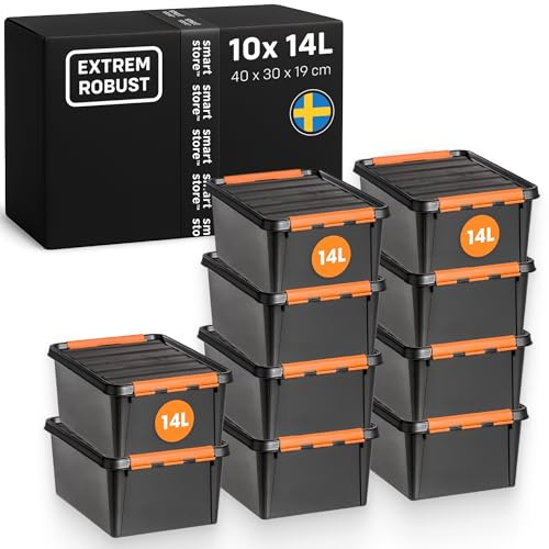 SmartStore Extra robust förvaringslåda med lock I 14 L x 10-pack stapelbara boxar med cliplock I För garage, hyllor och flytt I Verktygsförvaring I svensk-tillverkad I 40 x 30 x 19 cm förvaringsbox
