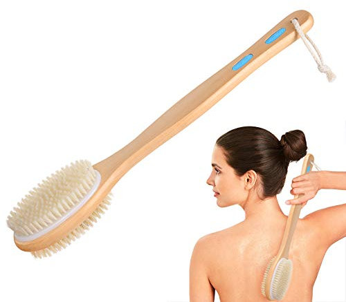 URAQT Rückenbürste Massagebürste Badebürsten, Doppelseitige Naturborsten Duschbürste Körperbürste Holz Schrubber mit Langem Stiel für Peeling Massage Verbessern die Durchblutung Cellulite
