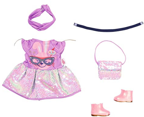 Zapf Creation 830796 BABY born Deluxe Happy Birthday Outfit 43 cm - Puppenkleid mit Glitzer Rock, Handtasche und Puppenschuhen